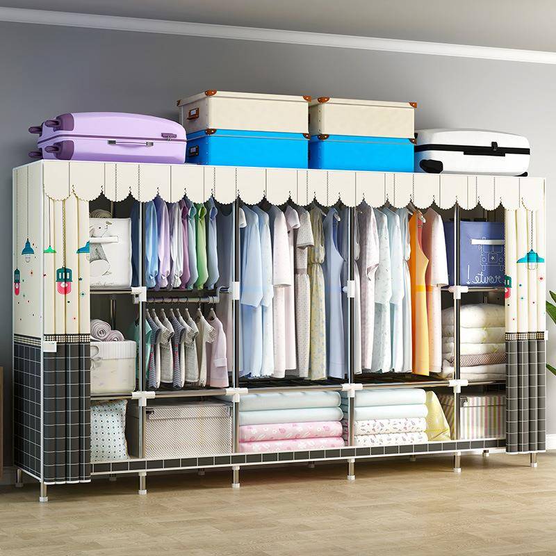 出租房简易衣柜钢架加粗加固卧室双人布衣橱简约大容量涤棉布衣柜