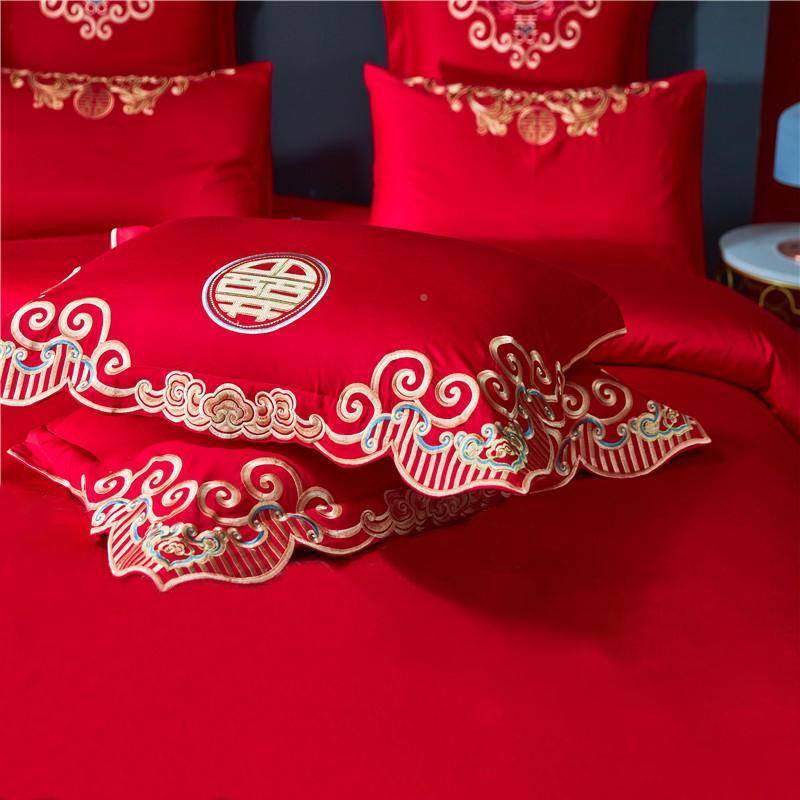 结大红枕套纯94519352棉刺绣4婚庆房陪嫁礼婚单人绣花枕头套48x7