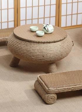 I麻绳F768SH5H榻米茶几炕榻几阳台地台小茶几飘桌中式家用窗1圆形