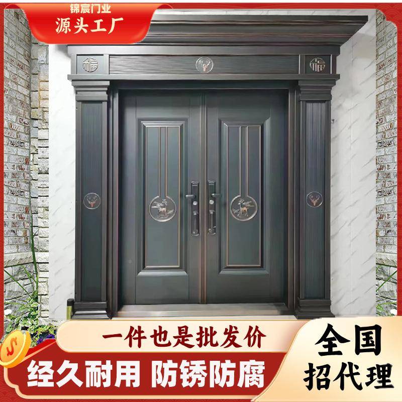 四开高档入别精雕木墅纹工艺755防盗门钢质门锌户金防盗门合厂家