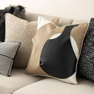 档板现代轻抱枕沙发客厅皮革拼奢接黑色咖色靠枕套酒店样DYE间高