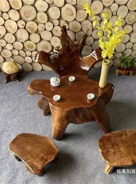 根雕台实木树根小茶中桌式用阳LNS台茶客厅茶几家一体整体原木桌