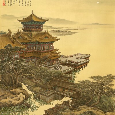 绢丝布印刷微喷打印山水仿古画芯  张孝友江楼夜月图