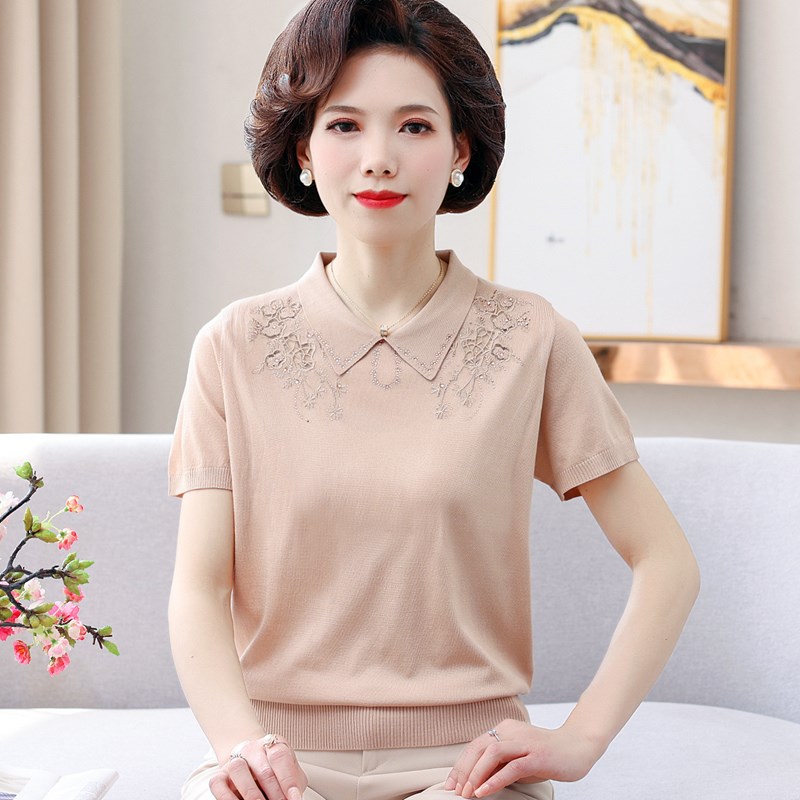 中年妈妈装夏款短袖T恤洋气夏装2024新款中老年人女装薄上衣服装
