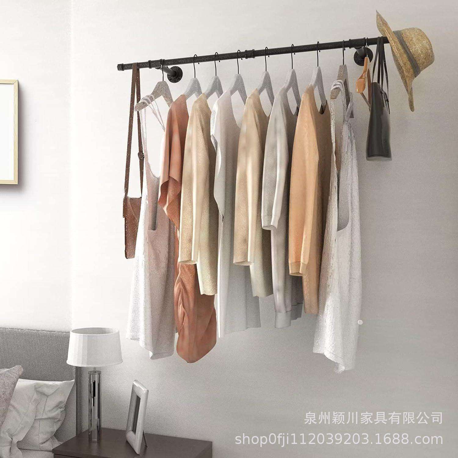 壁挂式晾衣架工业风铁艺水管服装架现代黑色置物架多功能挂杆