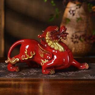 陶瓷红麒麟摆FFT件一对貔貅描金边桌面装饰艺品招财瑞色兽镇宅工