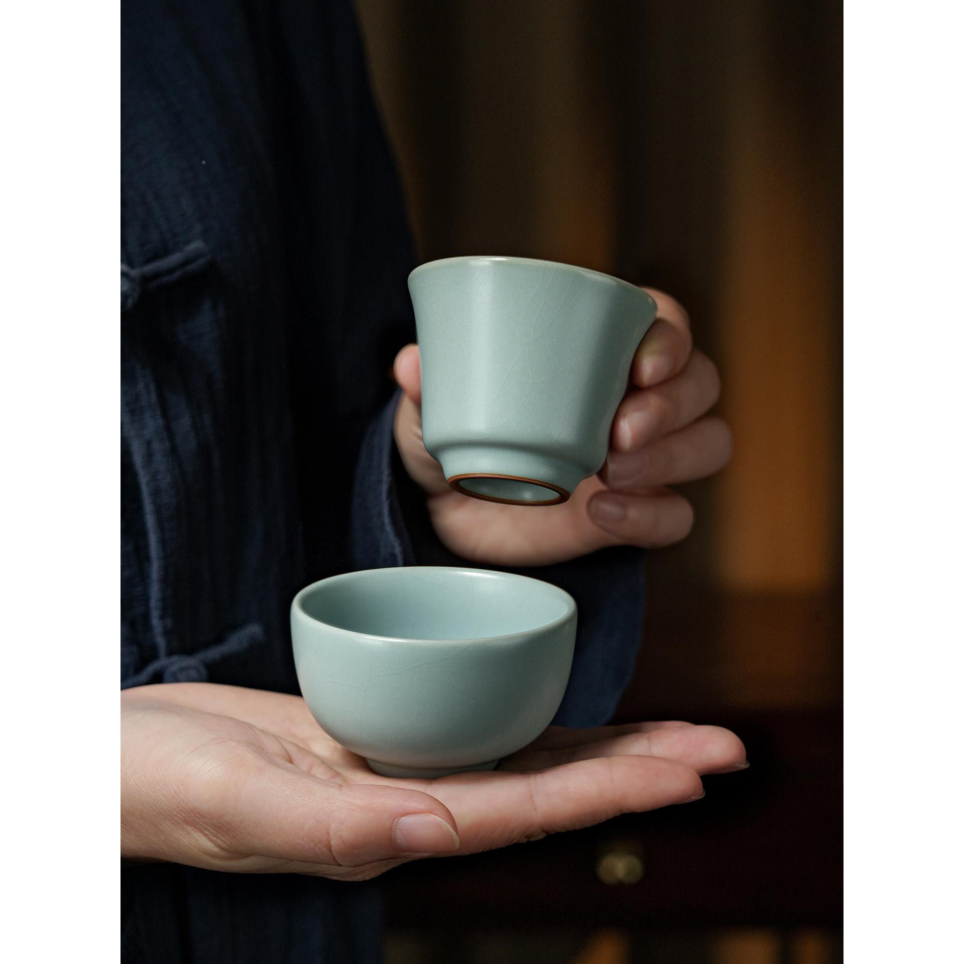 汝窑功茶杯主瓷人杯对杯青陶景德镇瓷品茗杯冰裂夫釉汝瓷功YWX夫