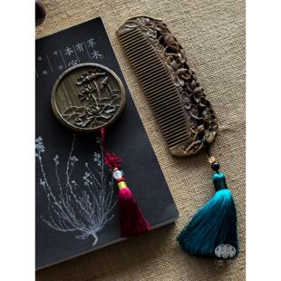 中国木制梳子镜朋套装绿色檀香梳士子礼盒便携式的古风5绿檀镜梳2