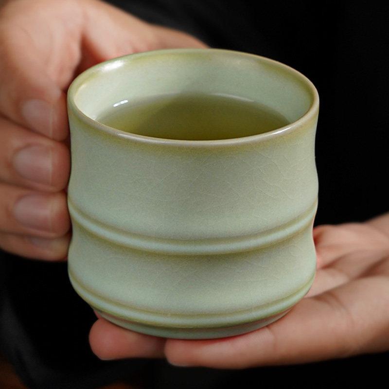 汝窑竹竹影杯节可杯复古品茗杯大容主人杯景德镇手工量杯开茶片养