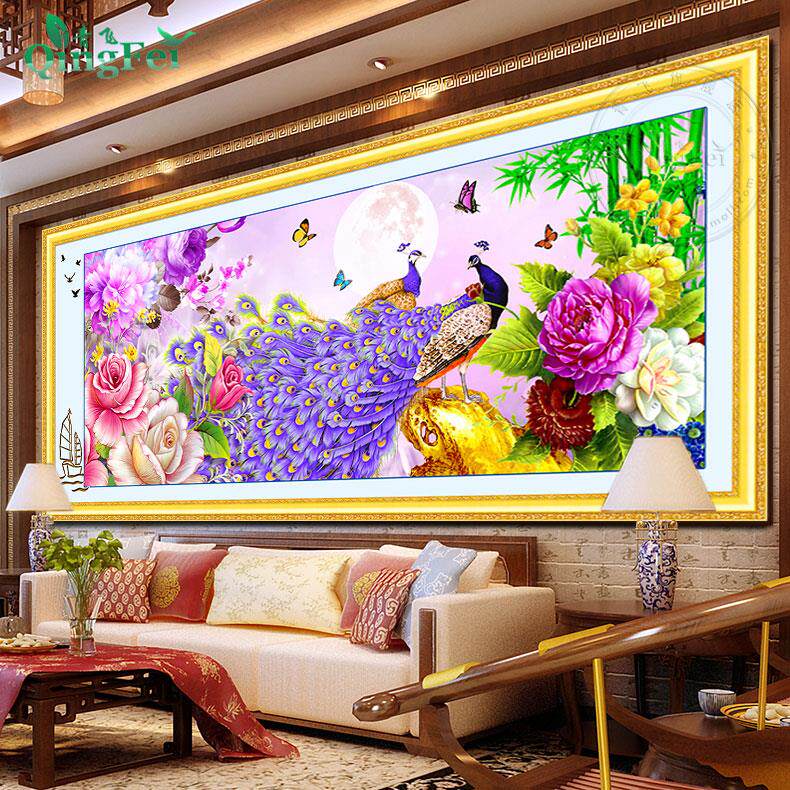 清飞精花布紫双孔鸟牡丹繁花水十字绣NOX印立功锦绣山水山画