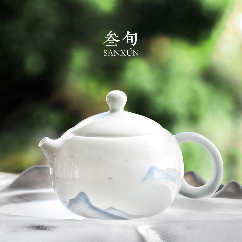 十岁手绘山茶三壶白瓷西石壶手远DEM简滤单壶家用功夫茶具易茶壶