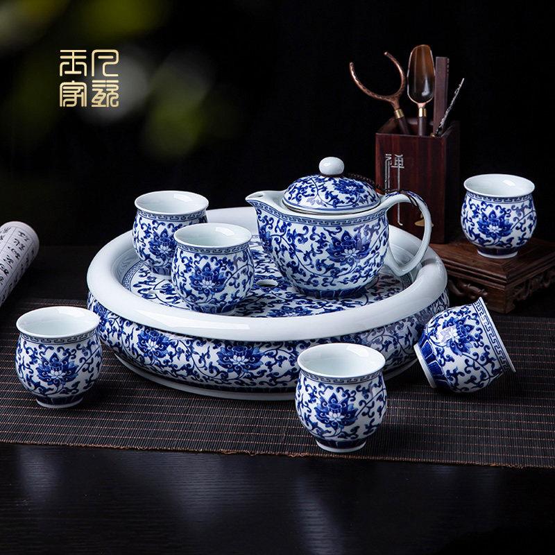 青花瓷茶具组家式用中景德镇陶双层防套瓷缠枝莲8烫茶杯茶壶茶盘