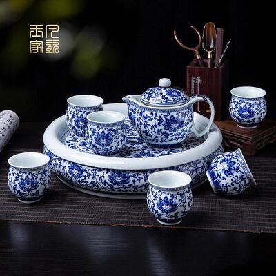 青花瓷茶具组家式用中景德镇陶双层防套瓷缠枝莲8烫茶杯茶壶茶盘