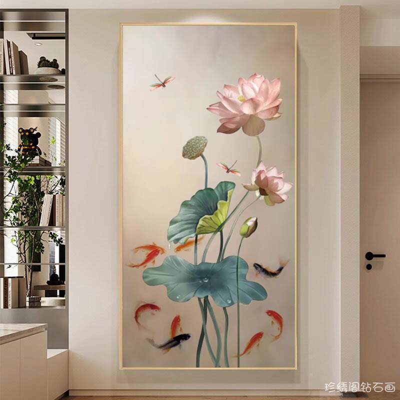 高方钻钻石202级6新款荷画花鱼图玄关九竖版满钻画5LMFd点贴钻十