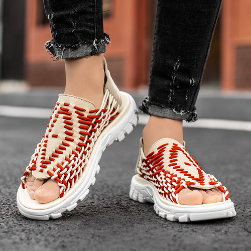 好货Mens Sandals Summer Casual Shoes Stripe Sandals Non-sli