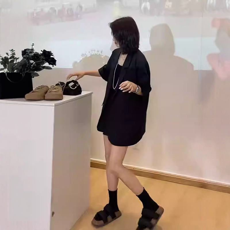 RIERA夏季黑色短袖西装套装女薄款2025新款韩版休闲西服短裤显瘦