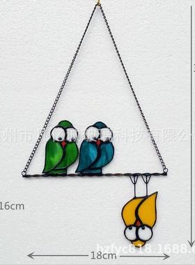 复活节挂饰呆萌三只鸟猫头鹰彩色玻璃工艺品彩色玻璃小鸟挂饰