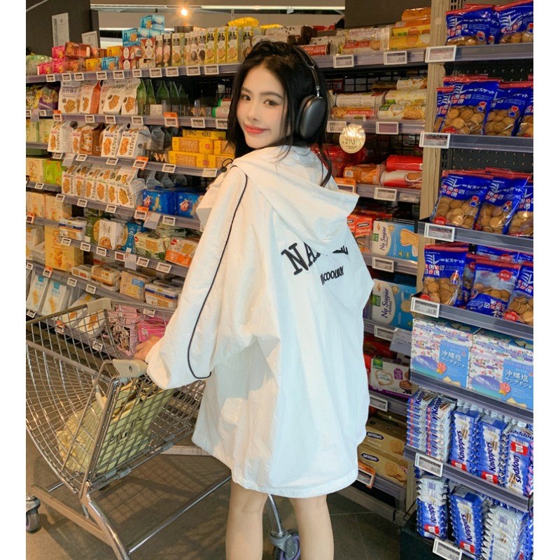 速发慵懒风连帽白色防晒衣春夏宽松bf薄款冲锋衣外套中长款夹克上