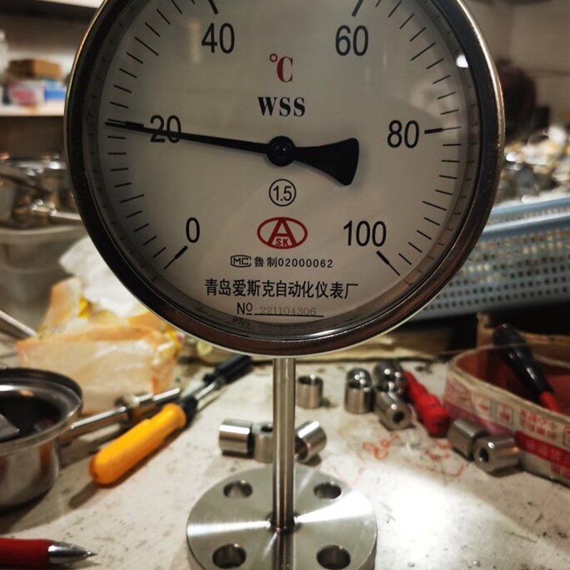速发青岛克双金属温度计 w-514W不锈钢法兰安装温度计