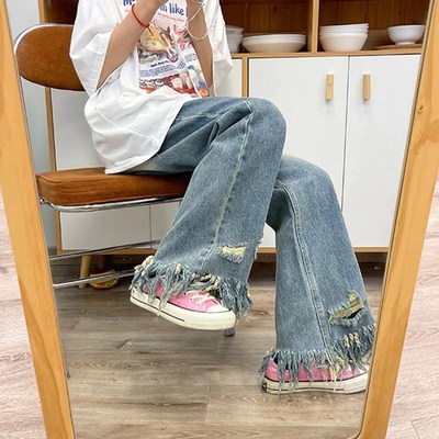 速发毛边破洞牛仔裤腿秋高腰阔春宽松大码梨形身材裤地拖子