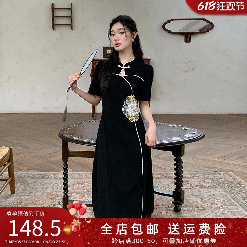速发五式家大码仙气连衣裙202旗年新款镂空收腰新中季国风盘扣4袍