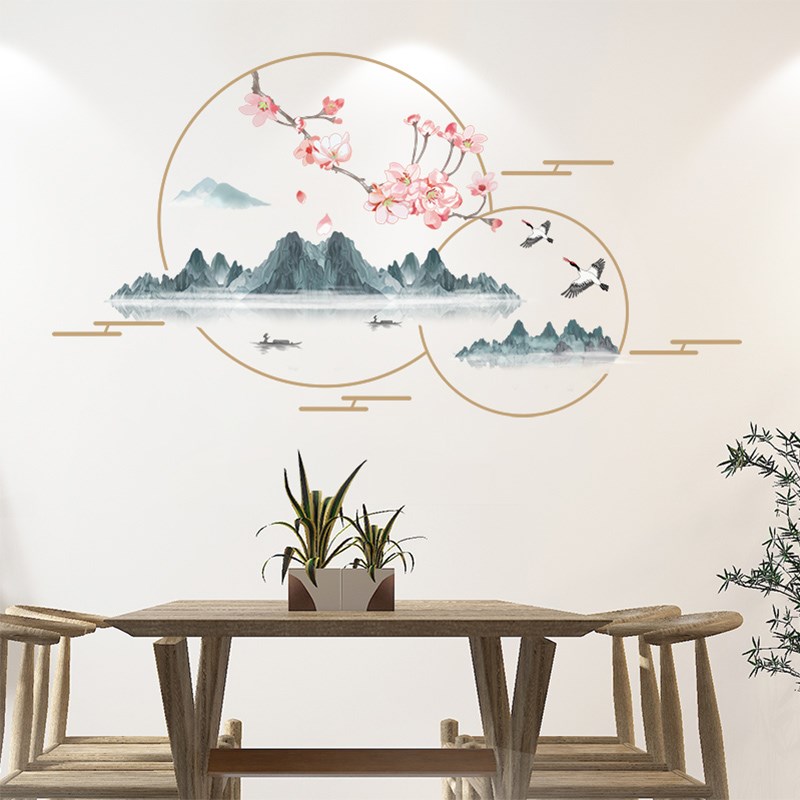 速发创意中国风壁纸自粘书房山厅沙发电视背景墙景画风贴客水画贴