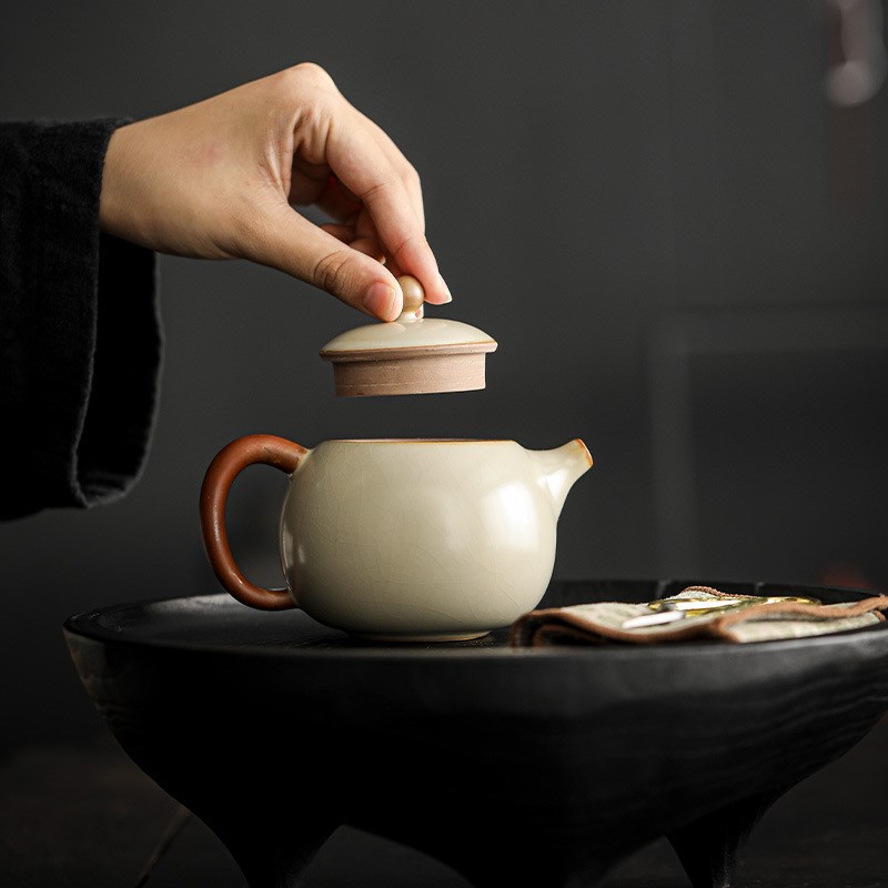 速发米黄夫窑龙旦壶家用泡茶壶可开中养线片式茶壶泡茶功汝茶
