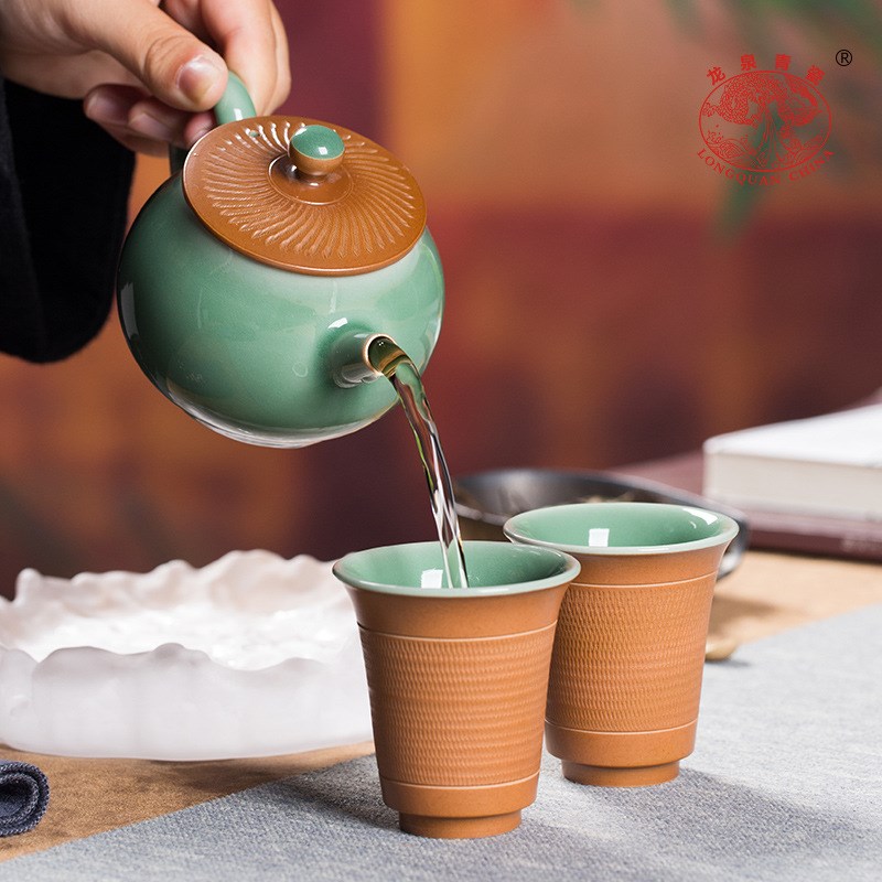 速发龙刀青瓷两跳泉一壶 杯功夫茶具套装 便携高档泡茶壶主人杯礼
