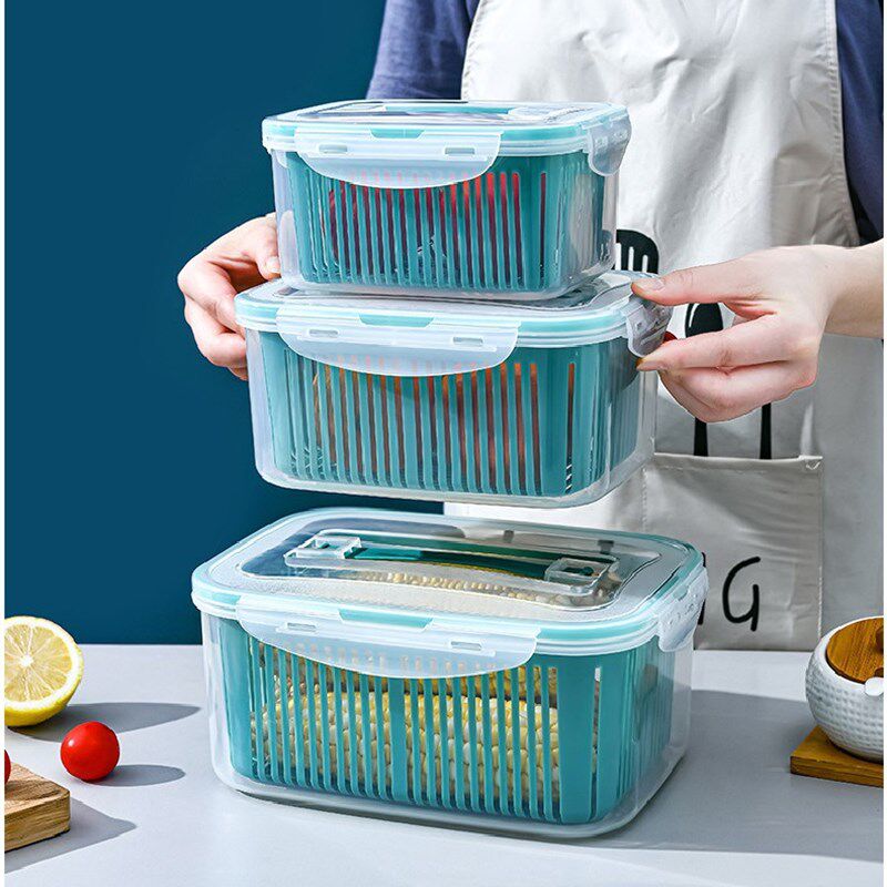 速发5件套大号双层沥水保鲜料塑蔬沥水篮厨房冰箱收纳盒果盒密封