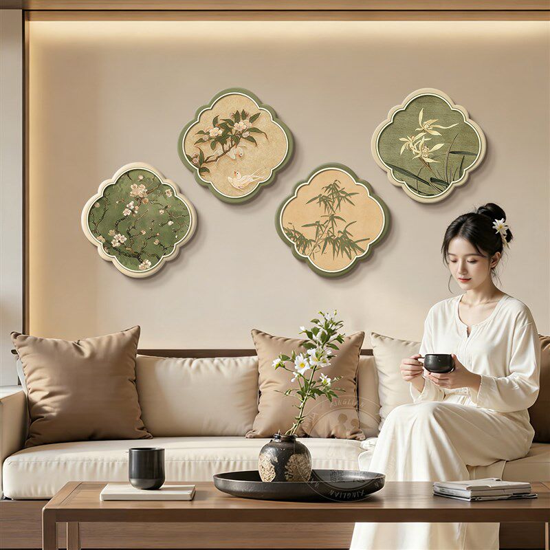 速发宋代美学客厅装饰画新中式沙发电视背景墙挂画绿色花鸟玄关组