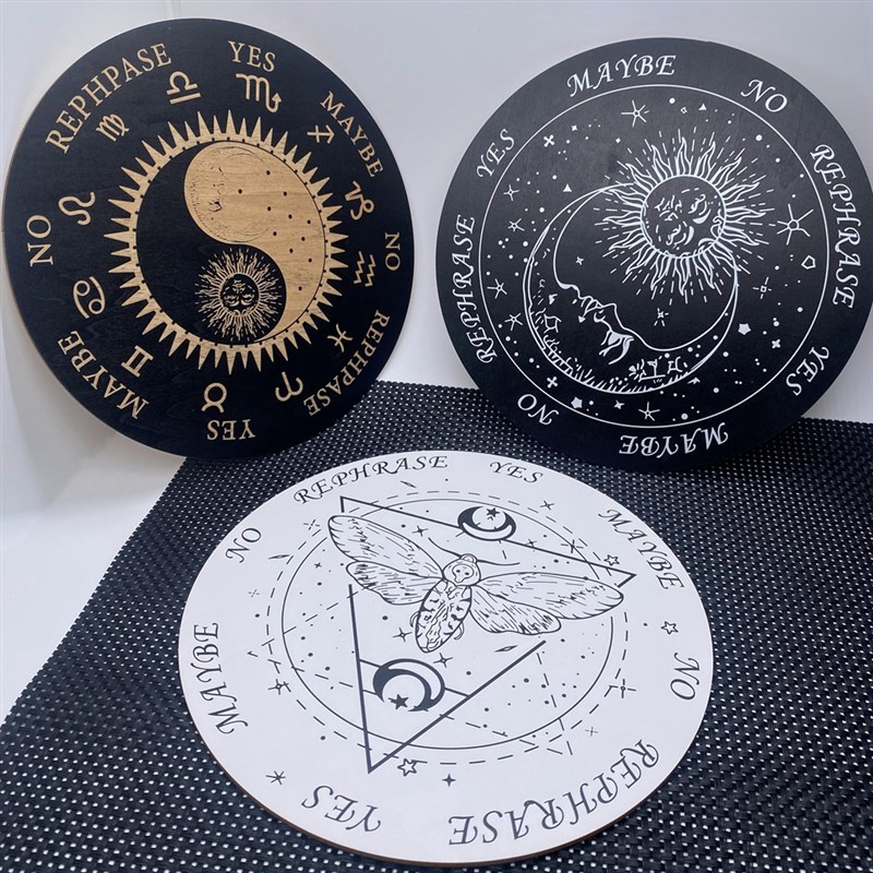 速发木质圆形雕刻图案符文五芒星星座日月灵摆装饰水晶圆摆盘