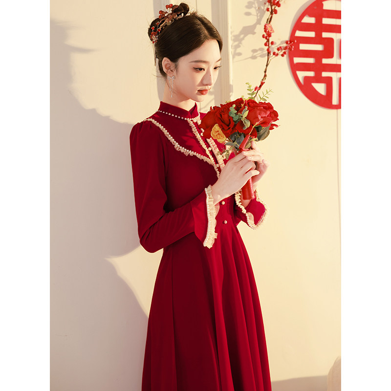 速发丝绒敬酒服婚娘202色新款酒红4订新礼服裙长袖秋冬季回门连衣