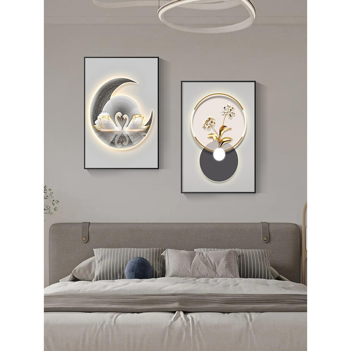 浪漫婚房主卧墙壁画现代简约房间两联温馨挂画天鹅卧室床头装饰画