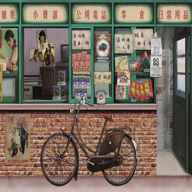 复古怀旧80年代小卖部烧烤墙纸壁画马路边边餐厅火锅饭店壁纸定制