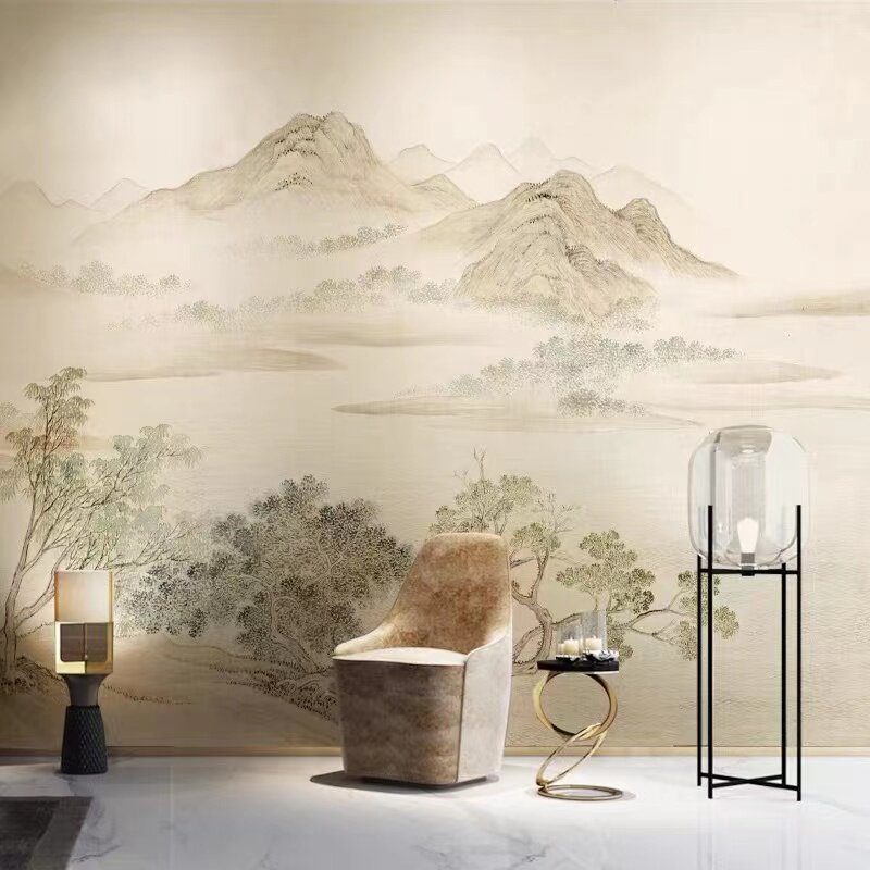 2023年新款壁布电视背景墙纸复古风中式壁纸山水画墙布仿刺绣壁画
