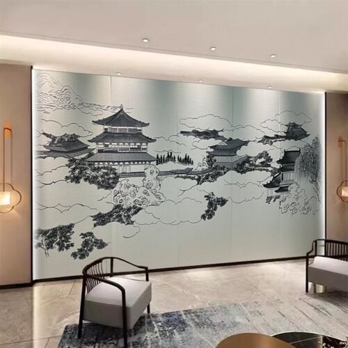 新中式客厅沙发刺绣背景墙酒店床头壁布高端卧室硬包电视山水壁画