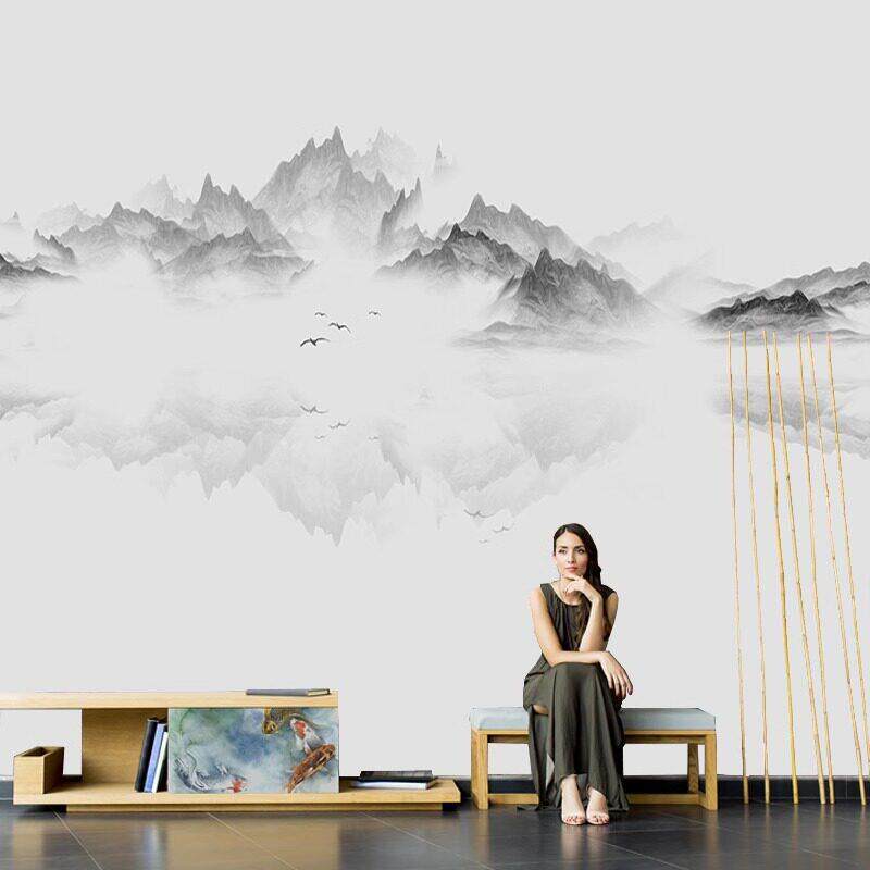 现代中式意境水墨山水淡雅墙布客厅背景墙纸壁布书房环保定制壁画