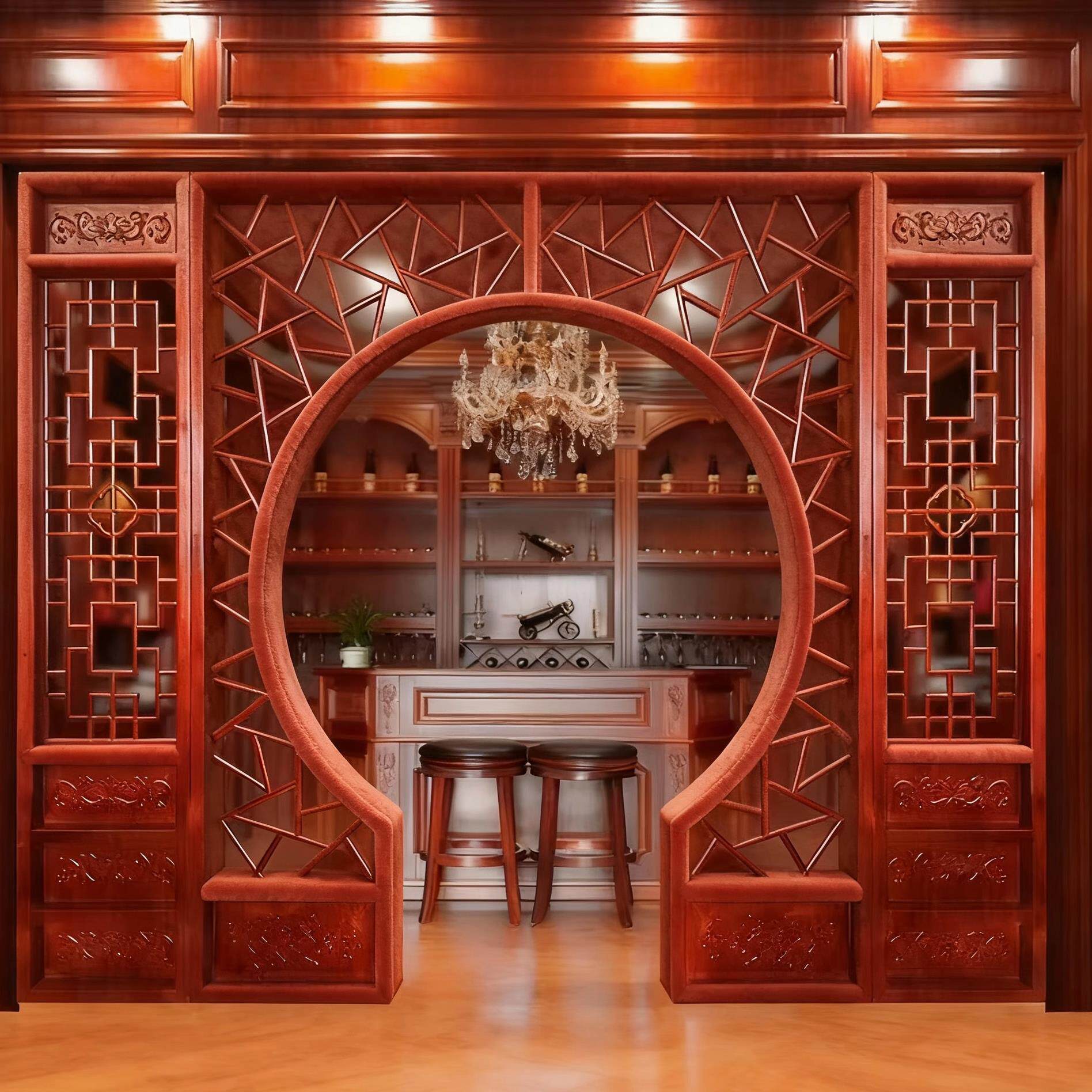 木雕实木花格月亮门圆拱门月洞门中式隔断玄关客厅博古架装饰定制