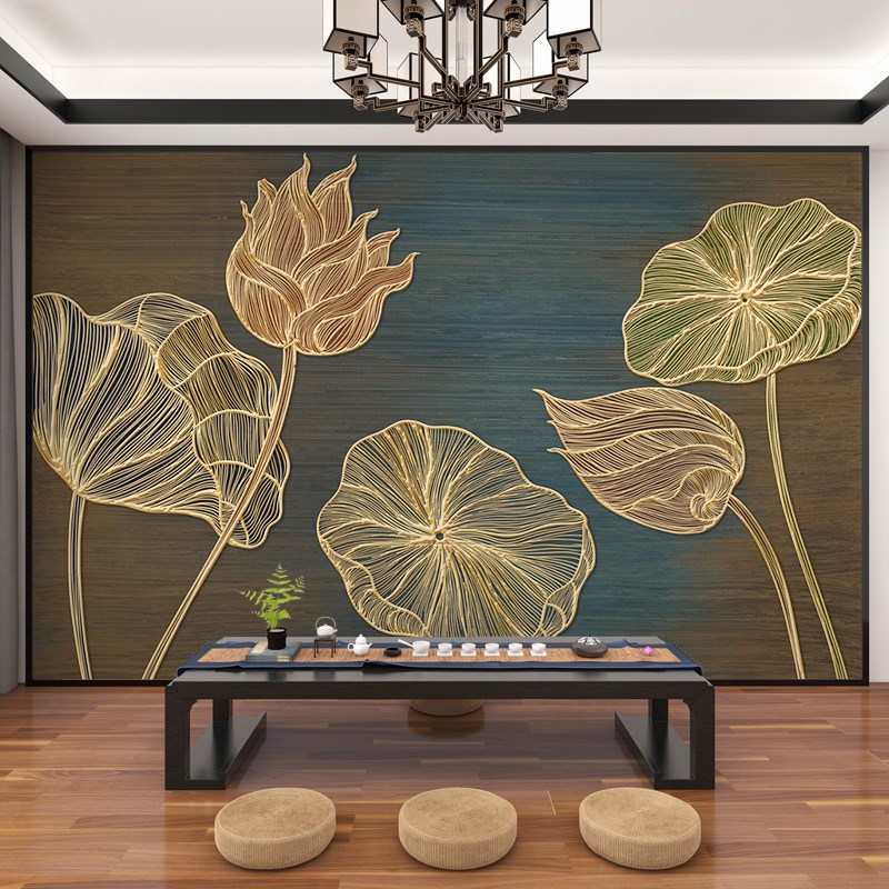 新中式九鱼图荷花壁布沙发电视背景墙纸壁画 画客厅卧室装饰莲花
