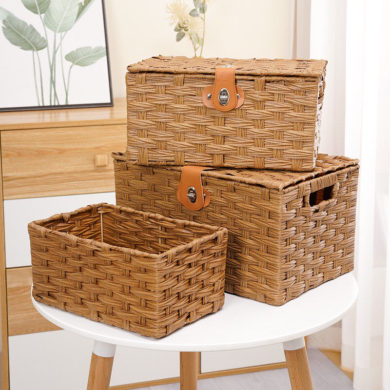 收纳筐带盖衣柜编织收纳篮零食杂物框客厅储物箱仿藤编桌面整理盒