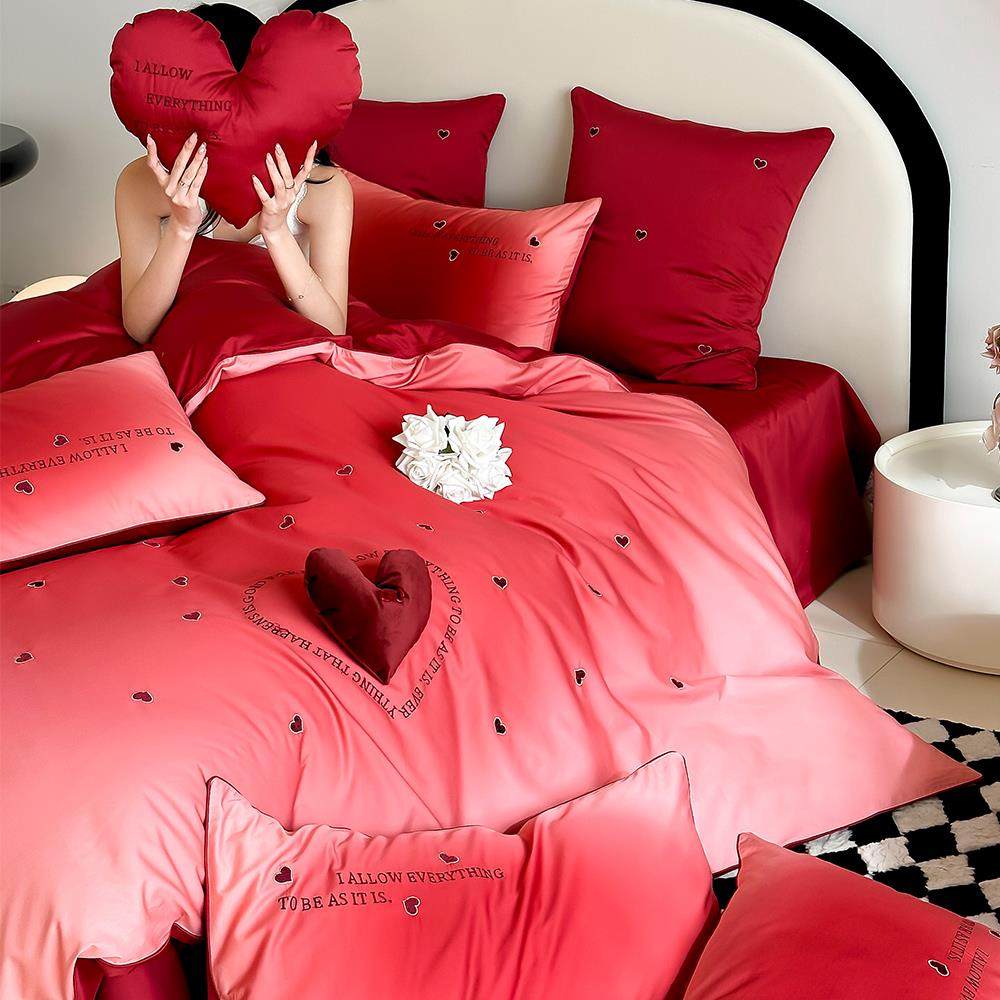 浪漫婚礼渐变色婚庆四件套全棉100S爱心刺绣红色结婚被套床单床笠