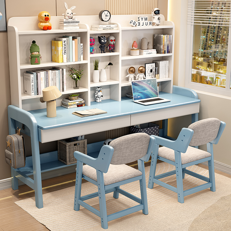 速发能木双人书桌书架一体儿童学习桌简约功用多家实学生写字桌课