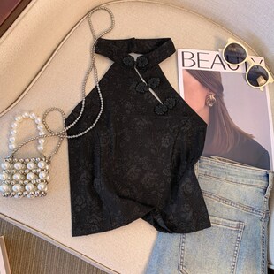 速发新中式国盘黑色小吊带短心春外穿无袖内搭背款风扣打底上衣