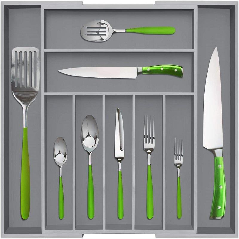 竹制厨房抽屉收纳盒可扩展带凹槽抽屉分隔器适用于餐具和厨房用具