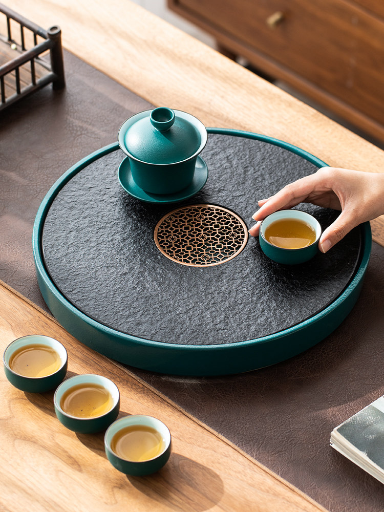 圆形陶瓷乌金石茶盘储水式排水小型茶台茶具套装简约家用办公托盘
