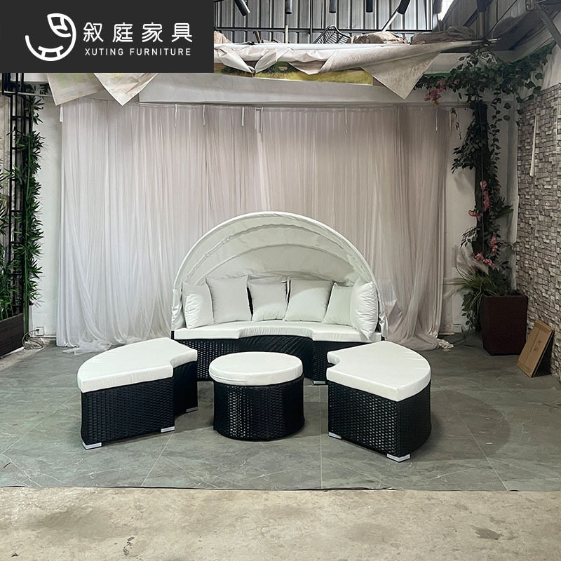 户外藤编圆床沙滩庭院躺床组合