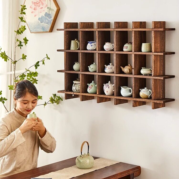 中式实木壁挂茶具展示架