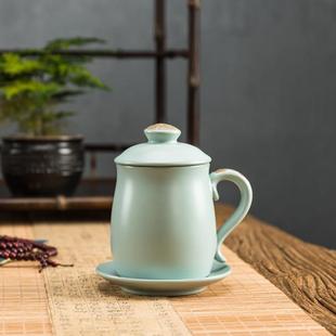 汝窑茶杯开片个人杯子办公室茶具带盖陶瓷四件套过滤开片主人单杯