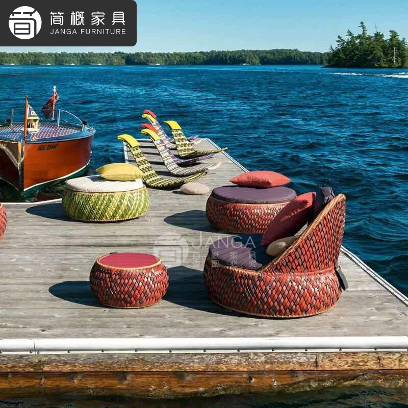 北欧户外庭院藤编沙发茶几躺床