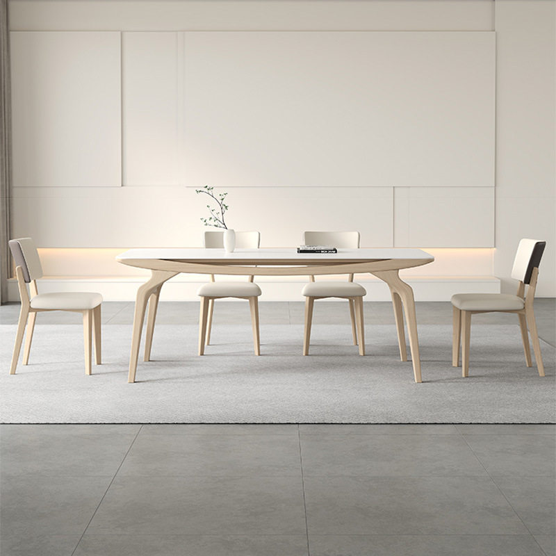 奶油风原木白蜡木实木岩板餐桌简约现代北欧纯白色哑光面巨蟹餐桌